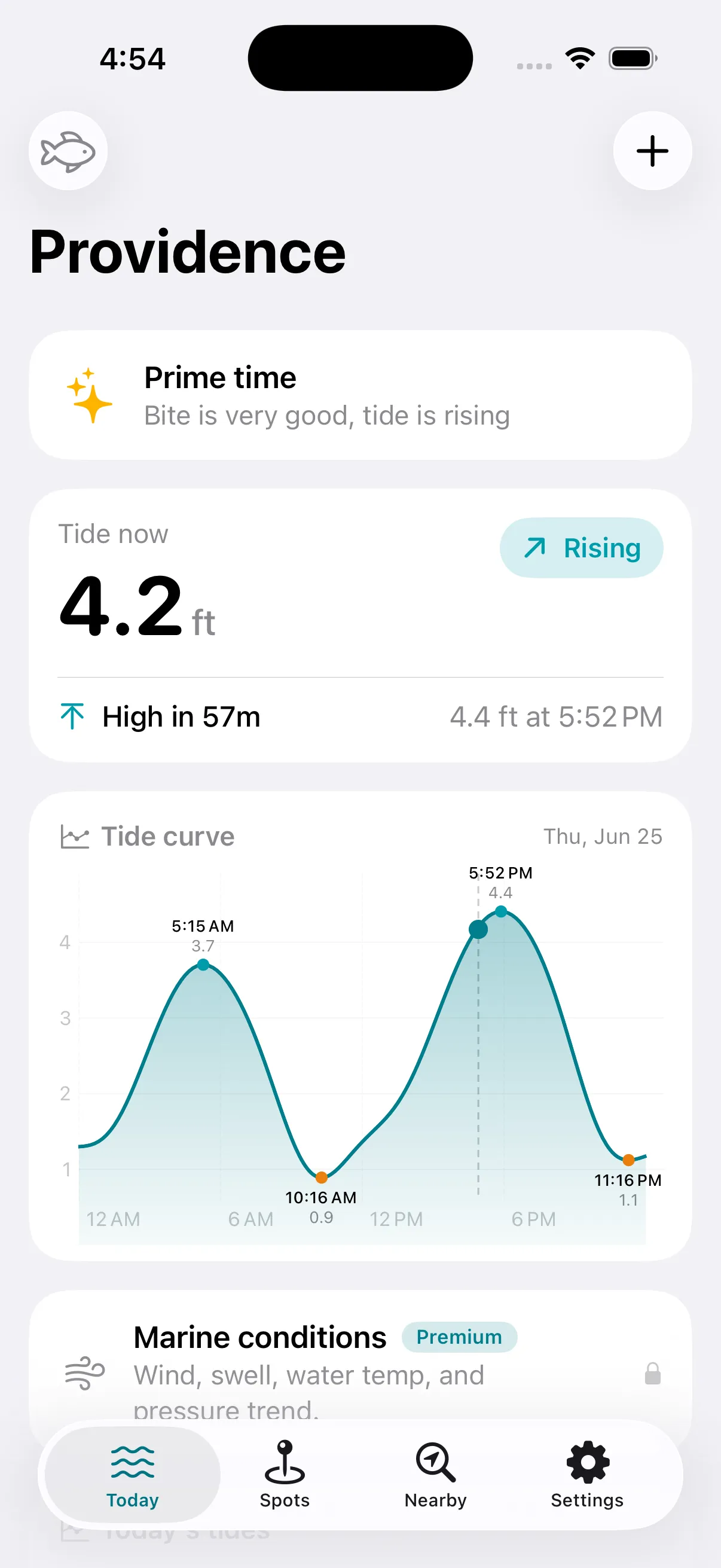 The Slackwater Today screen: a tide curve, the current height, and a bite rating for Providence